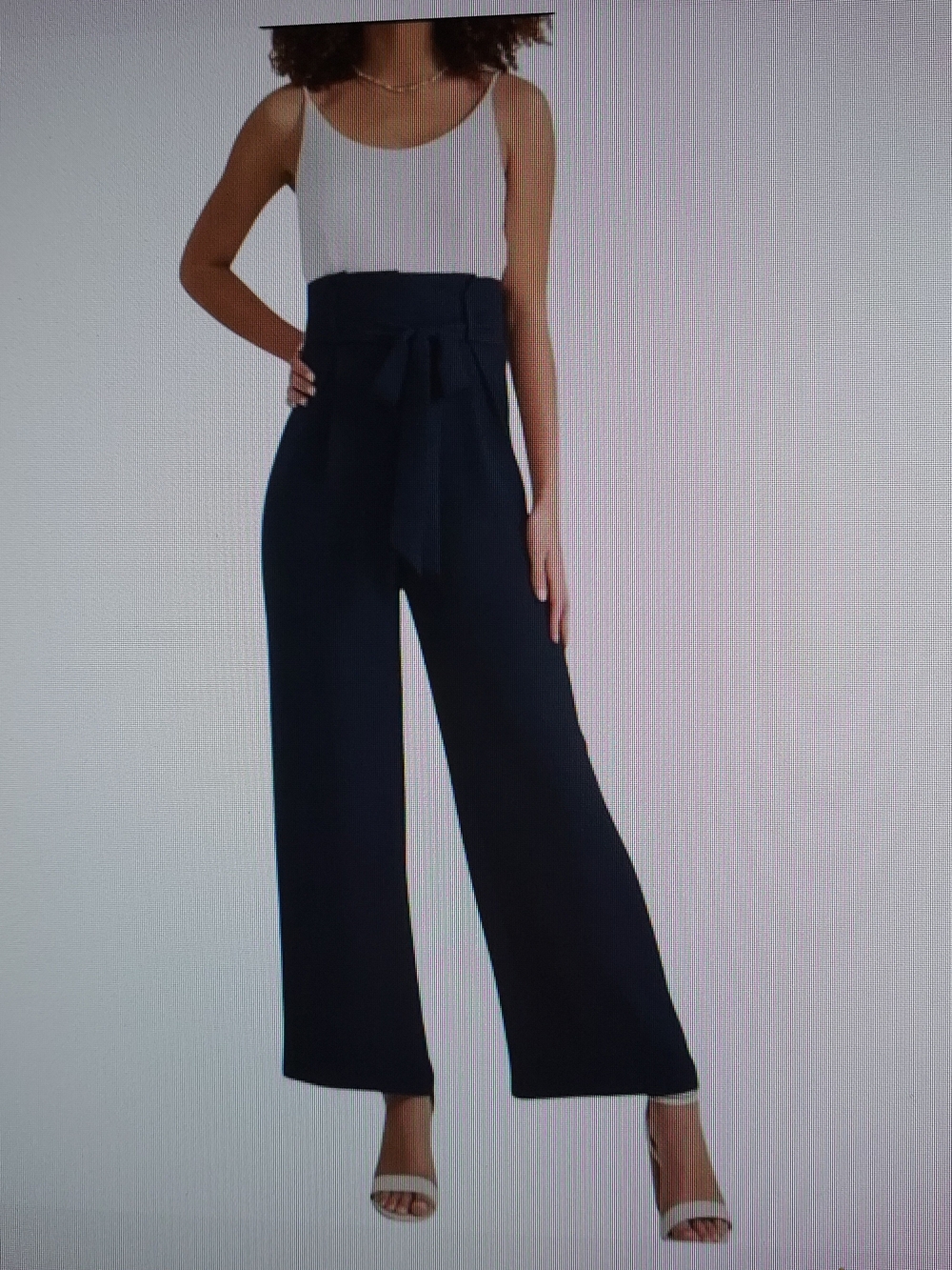 Altar'd State Navy & White High- Paperbag Waist Wide-Leg Jumpsuit w Tie Belt.  S